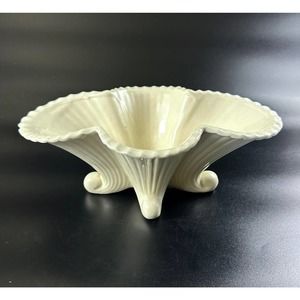 Vintage Footed Cream Ceramic Planter Vase Bowl Shell Like Shape And Ribbing